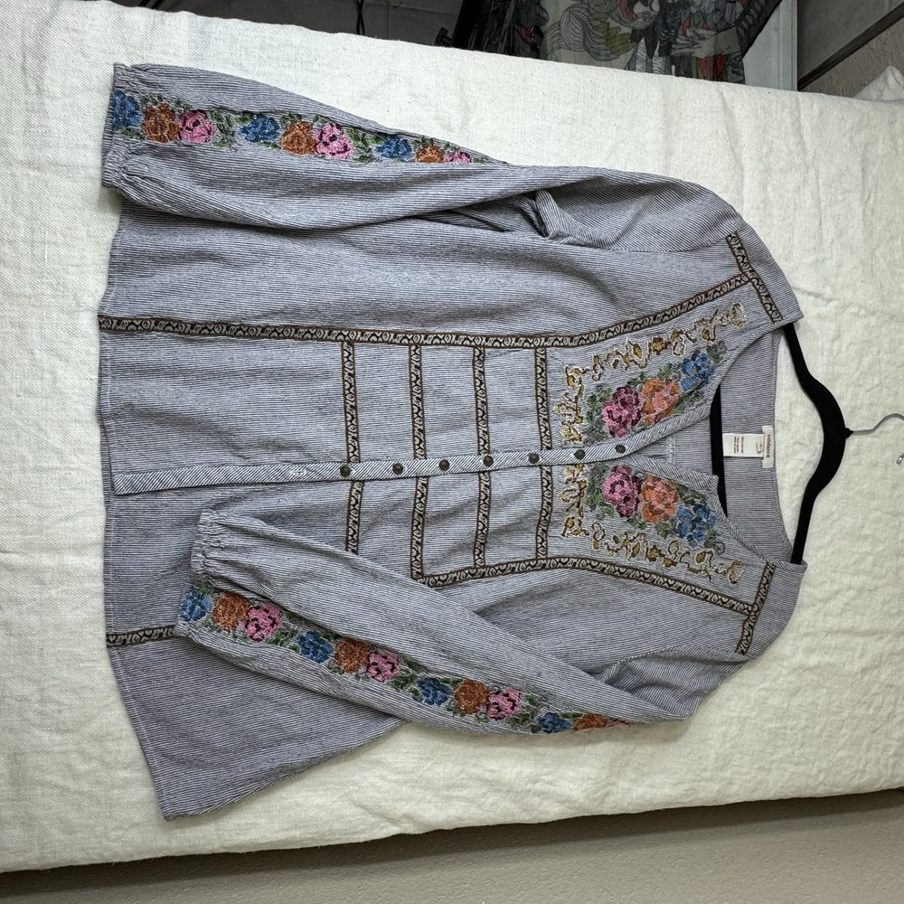 Sundance Striped Floral Embroidered Top Womens Lg Bohemian Peasant Boho Buttons - Picture 10 of 10